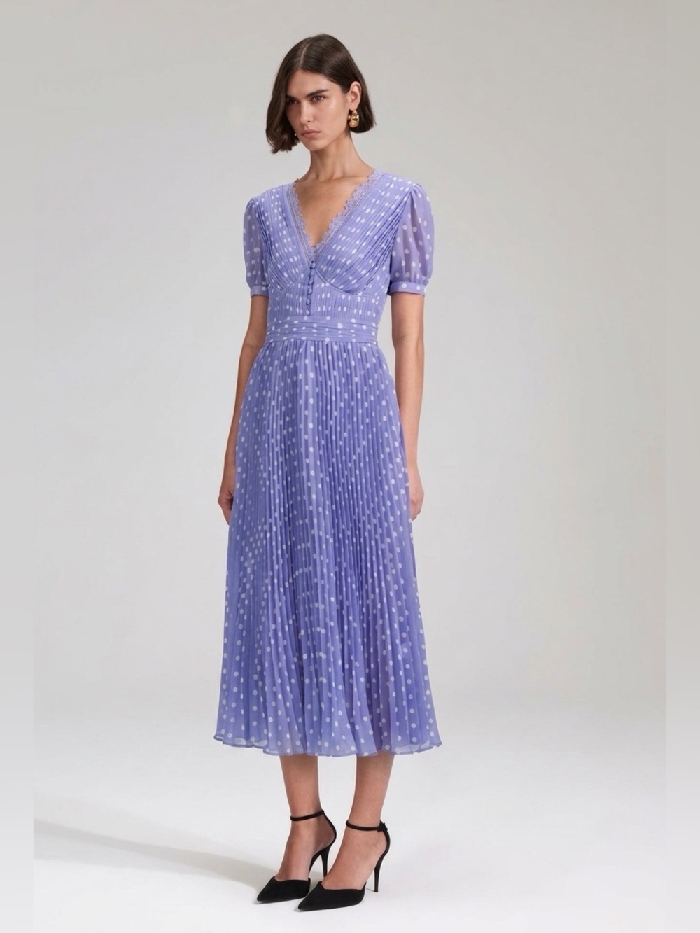 Self-Portrait Lilac Polka-Dot Print Pleated Chiffon Midi Dress US 8
